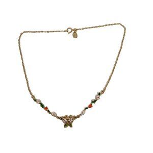 Vintage Park Lane Enameled Butterfly Flowers Gold Tone Choker Necklace 15.5"